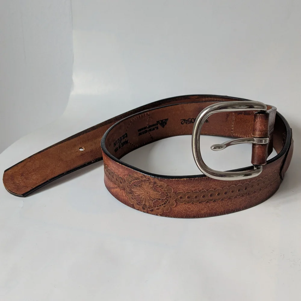 Vintage Leegin USA Full Grain Leather Western Tooled Floral Braided Belt Sz 30